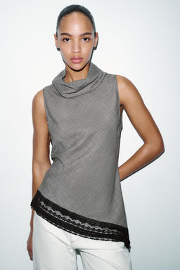 ASYMMETRIC HOUNDSTOOTH HEM LACE TOP - Zara фото 20