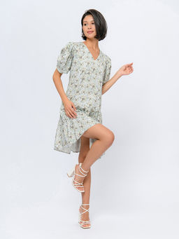 Платье серо-голубого цвета длины мини с карманами и рукавами 1/2