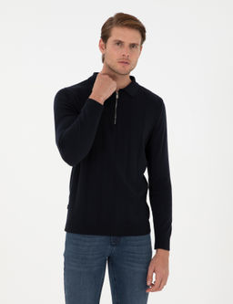 Lacivert Slim Fit Fermuarl_ Polo Yaka Triko Kazak