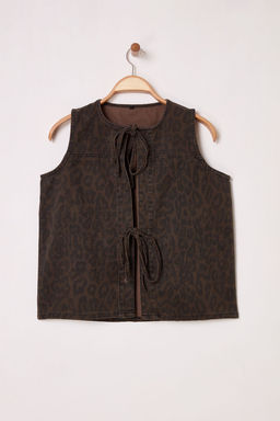 TRENDYOLMILLA Kahverengi Leopar Desenli Onden Baglamal? Denim Yelek TWOSS25YE00017 фото 5