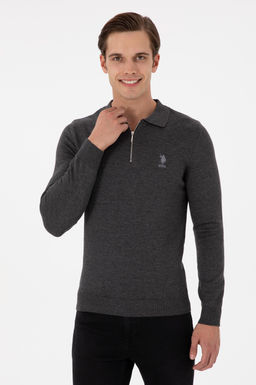 Erkek Slim Fit Yar_m Fermuarl_ Antrasit Melanj Basic Kazak