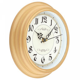 Часы настенные "Вензель" д19-22,5см, h4см, мягкий ход, циферблат белый/бежевый; цифры арабские, черный; корпус пластик, бежевый "под дерево"; в коробке (Китай)