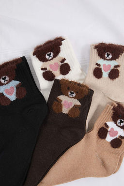 Kahverengi-Cok Renkli 5li Animal Jakar Orme Corap THMSS26CO00015