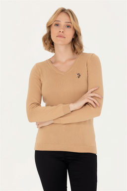 U. S. Polo Assn Женский базовый свитер песочного цвета с v-образным вырезом - U.s. polo assn фото 8