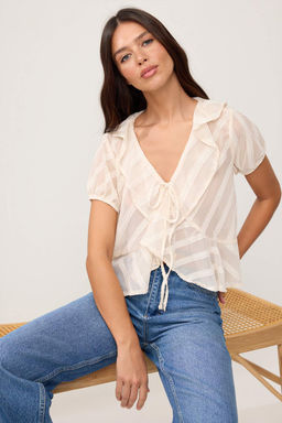 Krem F?rf?rl? Onu Baglama Detayl? Transparan Dokuma Bluz TWOSS26BZ00611