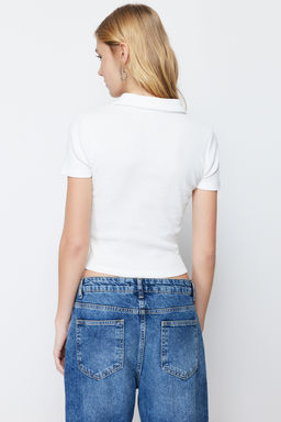 Ekru Fitilli Dikis Detayl? Polo Yaka Crop Esnek Orme Bluz TWOSS24BZ00366