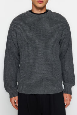 Antrasit Oversize Fit Genis Kal?p Bisiklet Yaka Basic Triko Kazak TMNAW23KZ00189