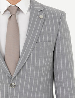 Gri Extra Slim Fit _izgili Y_n Kar___ml_ Tak_m Elbise