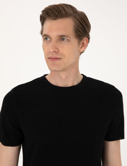 Siyah Slim Fit Keten Kar___ml_ Bisiklet Yaka Triko Ti__rt