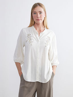 F?rf?rl? Ka??k Yaka Nak??l? Keten Kar???ml? Bluz