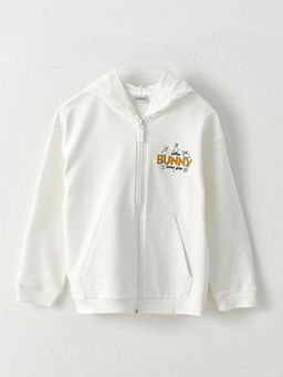 Kap??onlu Bask?l? Uzun Kollu K?z ?ocuk Fermuarl? Sweatshirt