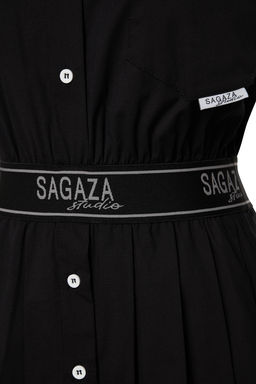 Trendyolmilla X Sagaza Studio Siyah Belden Ac?lan/Skater Beli Lastikli Piliseli Poplin Elbise TCLAW24EL00000