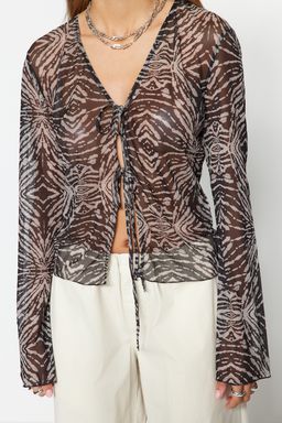Trendyolmilla Siyah Desenli Baglama Detayl? Tul Esnek Orme Bluz TWOSS23BZ00139  фото 10