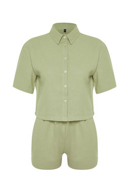 Yesil Dokuma Keten Gorunumlu Gomlek Sort Plaj Tak?m TBESS24AU00054 - Trendyolmilla фото 7