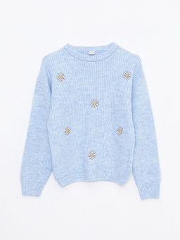 Bisiklet Yaka Desenli Uzun Kollu K?z ?ocuk Triko Kazak