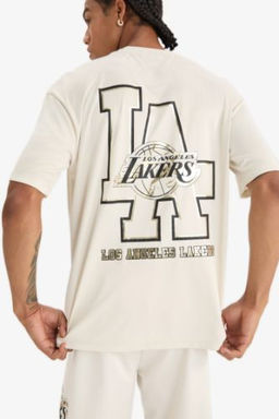 DeFactoFit NBA Los Angeles Lakers Oversize Genis Kal?p Bisiklet Yaka S?rt Bask?l? K?sa Kollu Tisort