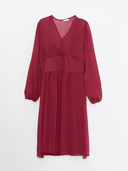 V Yaka D?z Uzun Kollu ?ifon Elbise