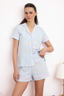 Mavi %100 Pamuklu Eglence Makaron ve Paris Desenli Biyeli Orme Pijama Tak?m? THMSS26PT00122