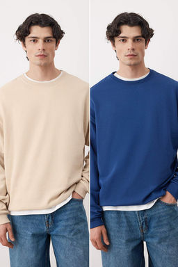 Lacivert-Tas 2li Paket Oversize/Genis Kesim Ici Polar/S?cak Tutan Sweatshirt TMNAW24SW00001