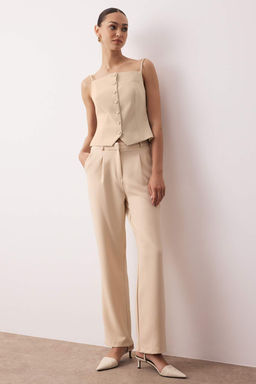 Tas Duz Kesim Wide Leg/Genis Paca Pileli Dokuma Kumas Pantolon TWOSS21PL0155