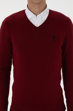 Erkek Slim Fit V Yaka Bordo Basic Kazak