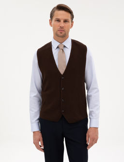 Koyu Kahverengi Slim Fit V Yaka Triko Yelek