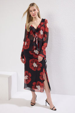 TRENDYOLMILLA Cok Renkli Cicek Bask?l? F?rf?r Detayl? Tul Kalem Esnek Etek TWOSS25ET00024