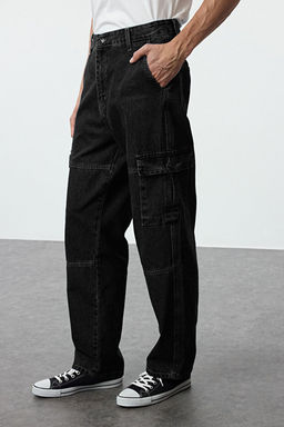 Erkek Siyah Soluk Efektli Baggy Kargo Bol Kot Pantolon Jeans TMNAW25JE00002