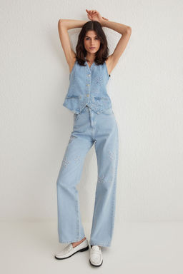 Ac?k Mavi Cicek Nak?sl? Yuksek Bel Wide Leg Jeans TWOSS25JE00047 - Trendyolmilla фото 2