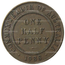 Монета 1/2 пенни 1938 года Австралия