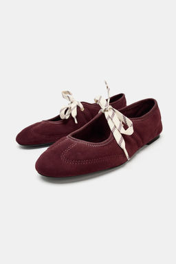 LACE-UP SPLIT SUEDE BALLET FLATS - Zara фото 3