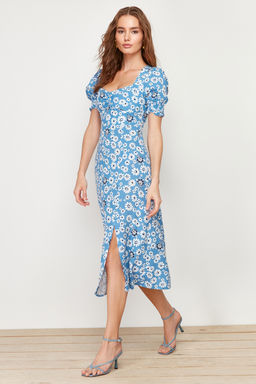 Mavi Cicekli A Kesim Viskon Midi Dokuma Elbise TWOSS24EL00491 - Trendyolmilla фото 2
