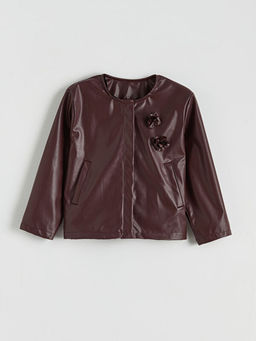 ?i?ekli Deri G?r?n?ml? K?z ?ocuk Ceket