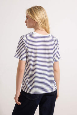 Lacivert-Gri Melanj-Ekru Cizgili 3lu Paket Basic Bisiklet Yaka Orme T-Shirt TWOSS20TS0146