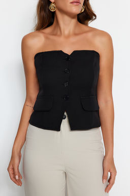 Siyah Slim Fit Straplez Crop Dokuma Yelek TWOAW24YE00034
