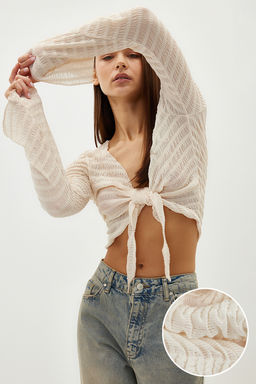 Ekru Premium Dokulu Fitted/Vucuda Oturan Baglama Detayl? Esnek Orme Bluz TWOSS24BZ00015