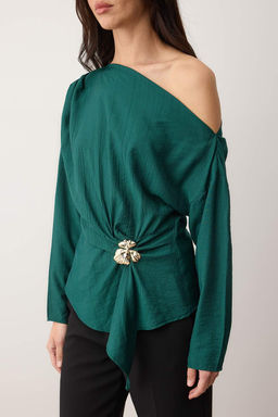 Ordek Bas? Yesili Aksesuar Detayl? Dusuk Omuz Dokuma Bluz TWOAW26BZ00280