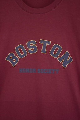Bordo Oversize/Geni_ Kesim Bisiklet Yaka K_sa Kollu Yaz_ Bask_l_ T-Shirt TMNSS21TS1217 - Trendyolmilla фото 2
