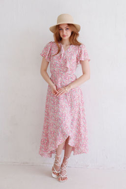 12302 Платье с запахом бело-розовое в цветочек