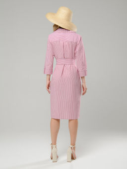 Платье белое в красную полоску длины миди с отложным воротником - 1001dress фото 4