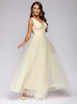 Платье белое длины макси с кружевной отделкой без рукавов - 1001dress фото 2