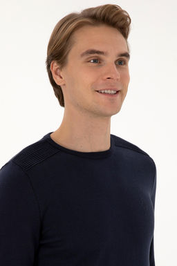 Erkek Slim Fit Bisiklet Yaka Lacivert Basic Kazak