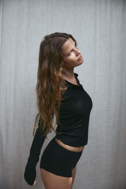 CAMISETA PUNTO MEZCLA ALGOD?N BOTONES / Negro - Zara фото 3