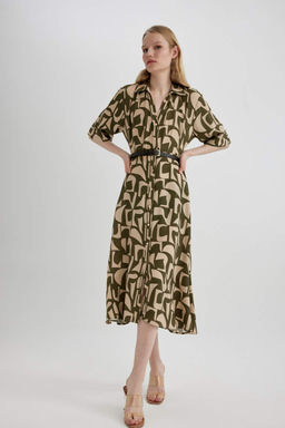 Марокканское платье миди с коротким рукавом и воротником-рубашкой с узором - Defacto фото 2