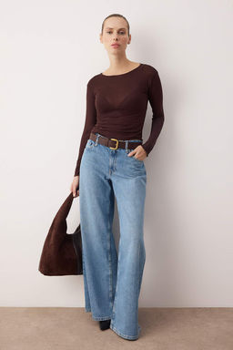 Kahverengi Transparan Esnek Vucuda Oturan Orme Bluz TWOAW26BZ00306