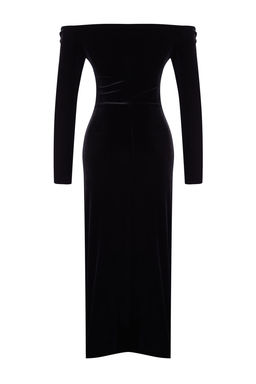 Trendyolmilla Siyah Vucuda Oturan Orme Kadife Midi Elbise TPRAW25EL00135 фото 7