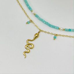 Колье двойное из Амазонита и Жемчуга с подвеской "Змея" 38/42 см +