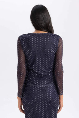 Облегающая футболка с длинным рукавом и круглым вырезом в горошек - Defacto фото 6