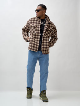 Куртка рубашка шерстяная в клетку мужская демисезонная коричневого цвета 58566K