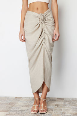 TRENDYOLMILLA Bej Buzgu Detayl? Pamuk Keten Kar?s?ml? Midi Boy Dokuma Etek TWOSS24ET00070  фото 4